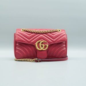 GUCCI GG Marmont Flap Red Leather Shoulder Bag